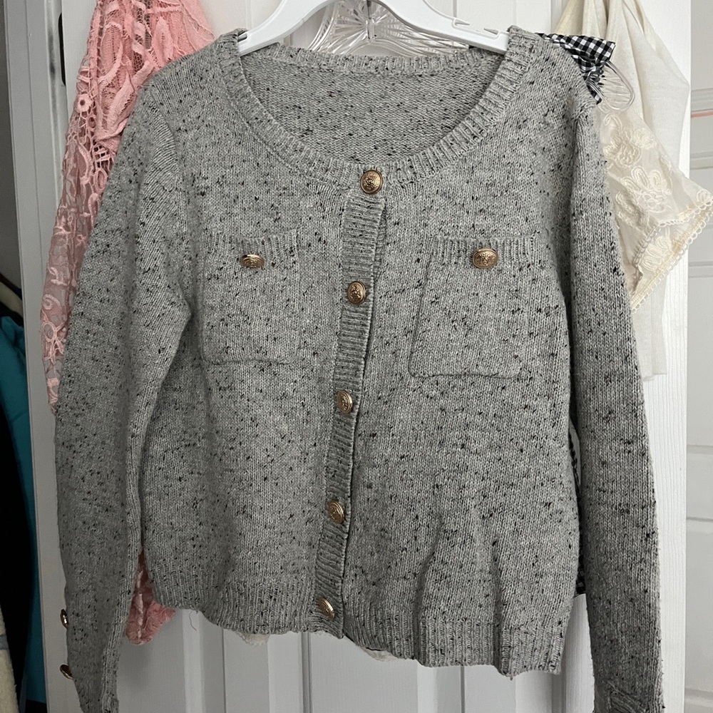 light gray cardigan with gold buttons kdrama formal office shoujo jdrama cdrama